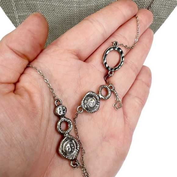 Silver Tone Textured Round Satellite Rhinestone Long Chain Necklace - Picture 4 of 10